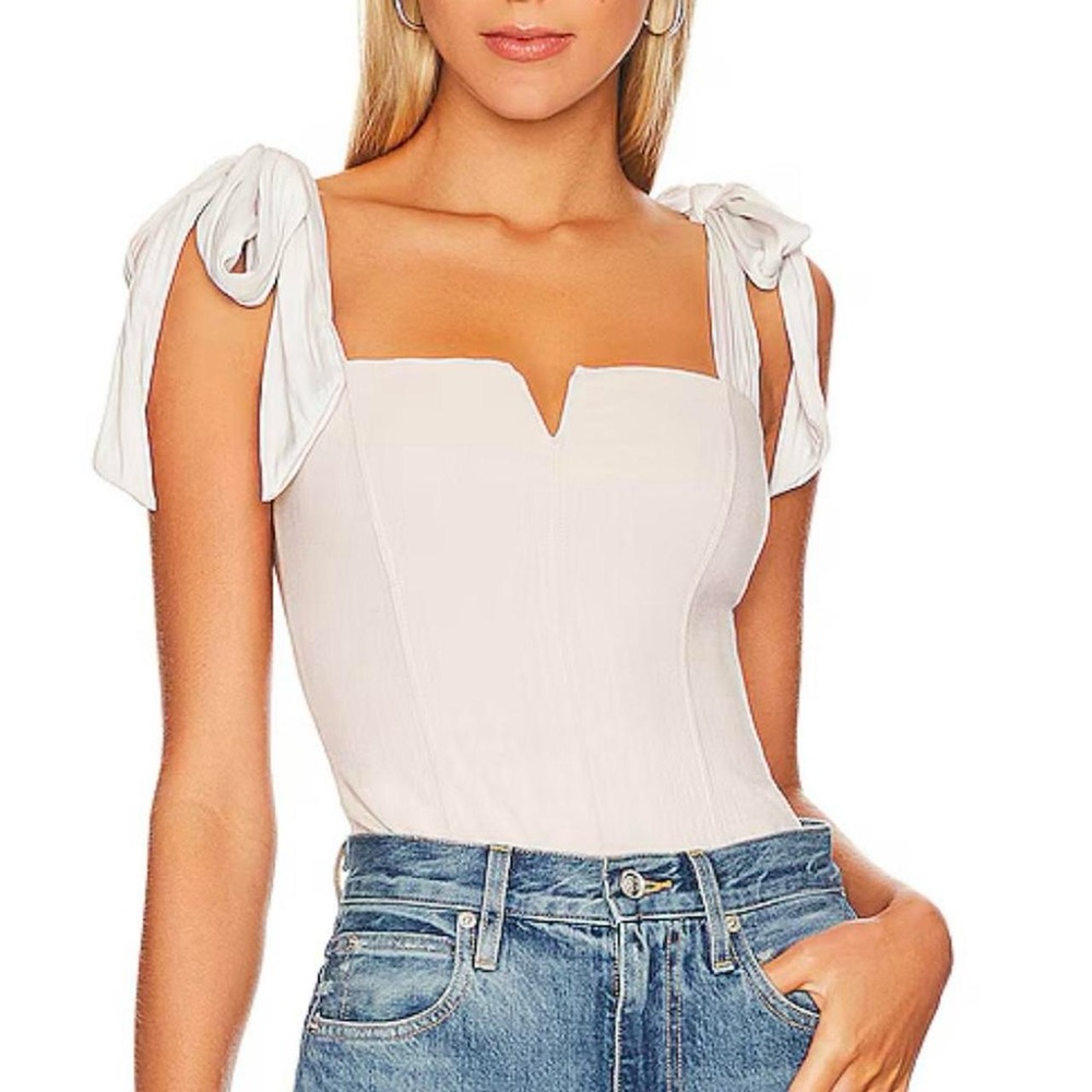 Free People White Bodysuit with Tie-Up Shoulders